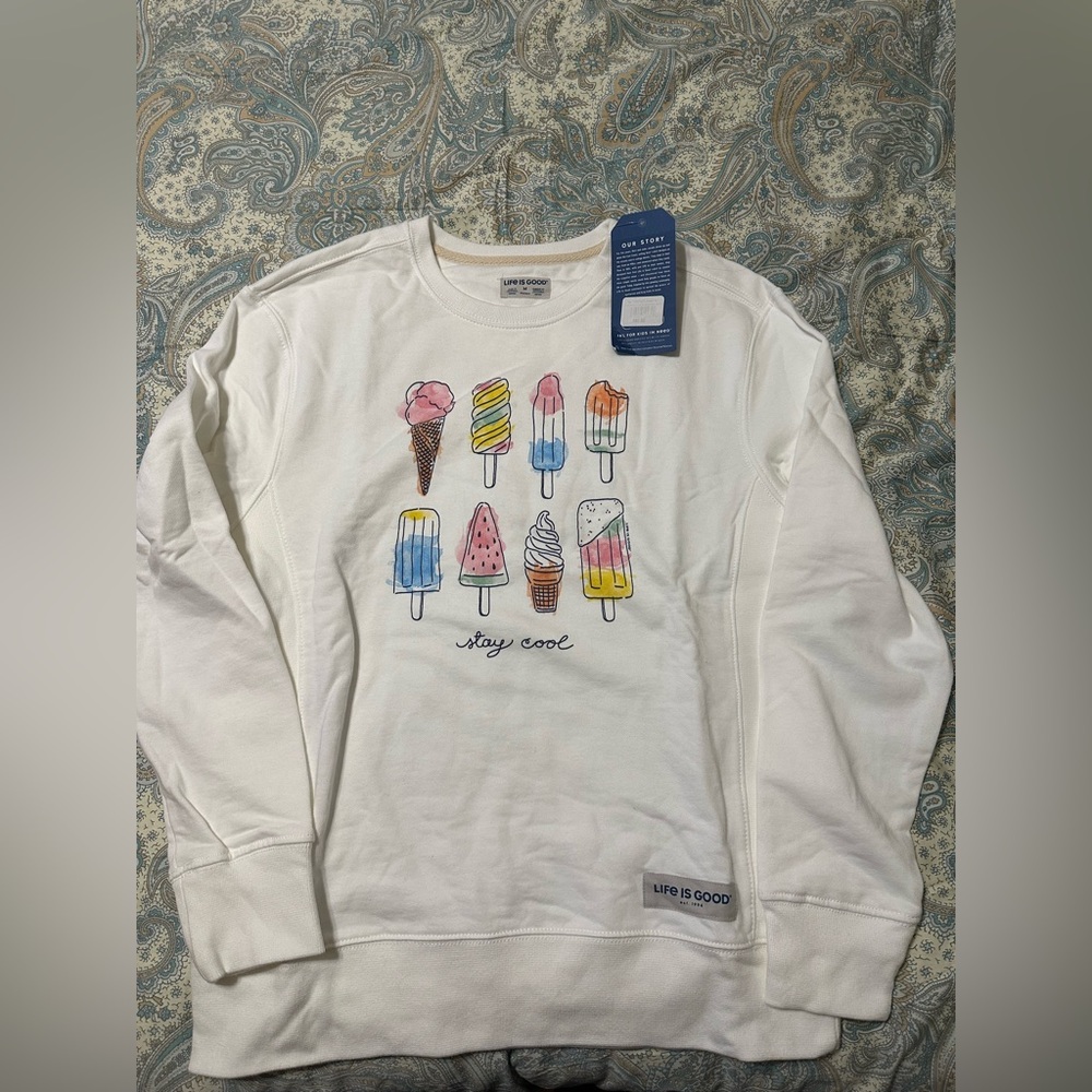 NWT Life is Good White Sweatshirt with Ice Cream Print
